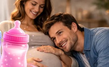 boldog pár babavárás idején, a férfi a várandós nő hasára hajtja a fejét miközben a baba nemét próbálják megjósolni