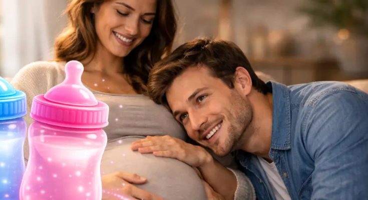 boldog pár babavárás idején, a férfi a várandós nő hasára hajtja a fejét miközben a baba nemét próbálják megjósolni